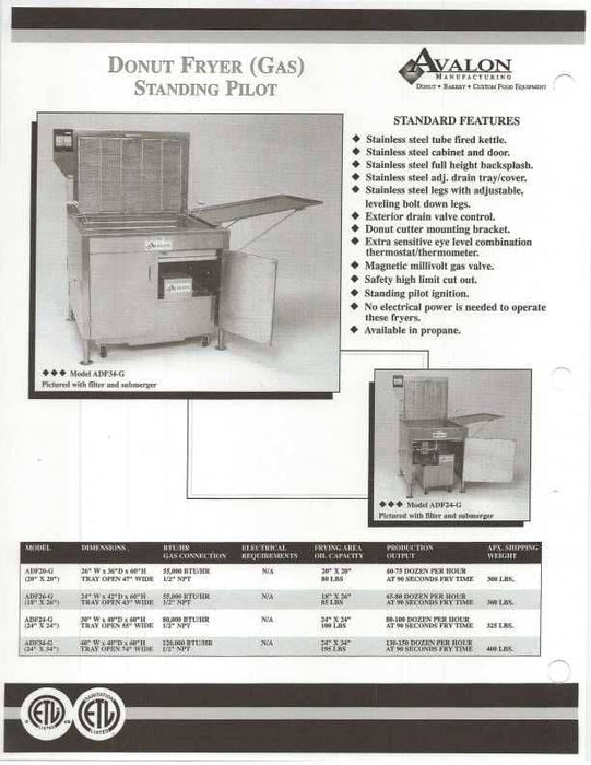 Avalon (ADF26-G-P-BA) 18" x 26" Donut Fryer, Propane Gas, Electronic Ignition, Left Side Drain Board and Submerge Screen - Donut-Equipment.com
