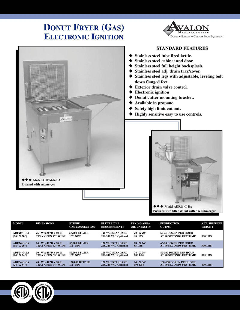 Avalon (ADF26G-BA) 18" x 26" Donut Fryer, Natural Gas, Electronic Ignition, Left Side Drain Board - Donut-Equipment.com