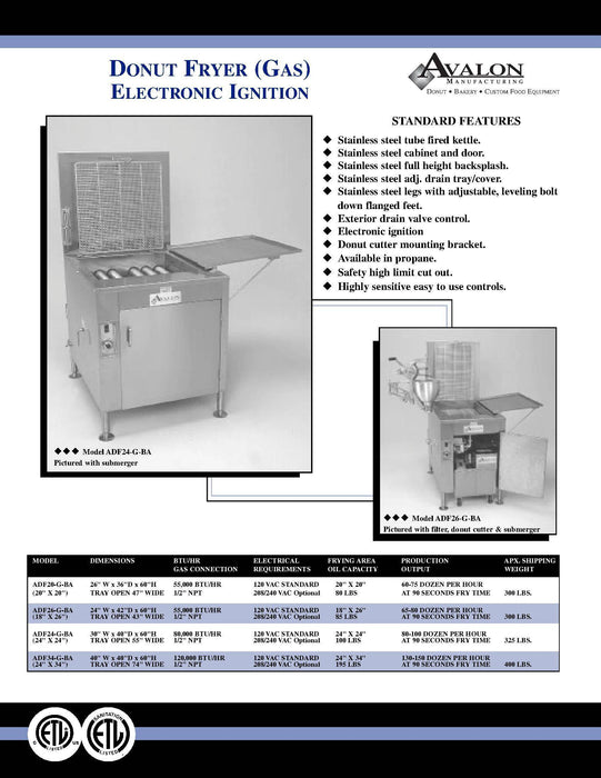 Avalon (ADF26G-BA) 18" x 26" Donut Fryer, Natural Gas, Electronic Ignition, Left Side Drain Board