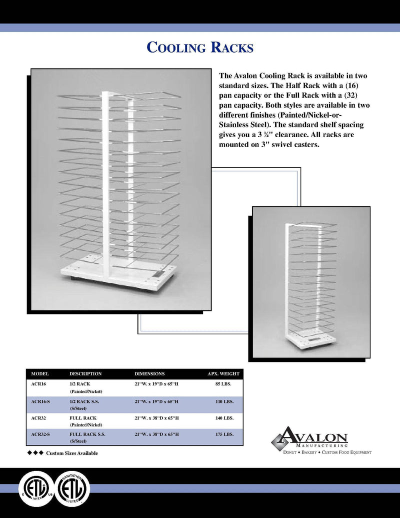 Avalon ACR16-S Stainless Steel Cooling Rack With 16 Slides 1/2 Racks On 3" Casters - Donut-Equipment.com