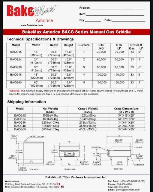 BakeMax America BACG Series Manual Gas Griddle (5 sizes)