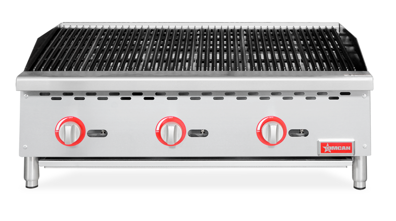 Omcan 36" Radiant Gas Charbroiler – 105,000 BTU Commercial Countertop Charbroiler with 3 Burners and Heavy-Duty Cast Iron Grates