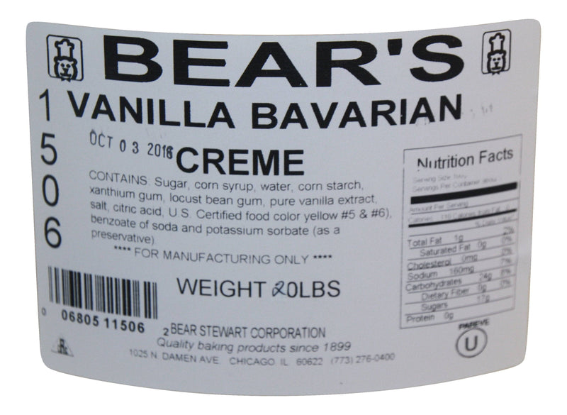 Bear Stewart Vanilla Bavarian Crème Pastry, Pie and Cake Filling- 20 Pound Pail - Donut-Equipment.com