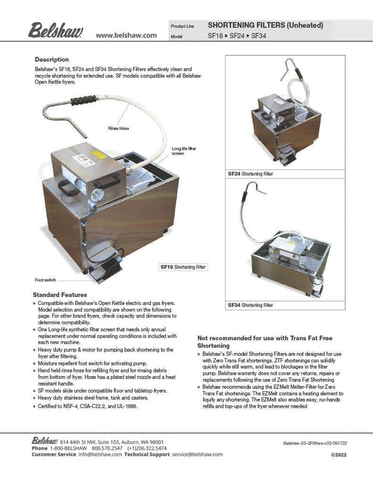 Belshaw SF18 Shortening Filter - Non heated- includes rinse hose