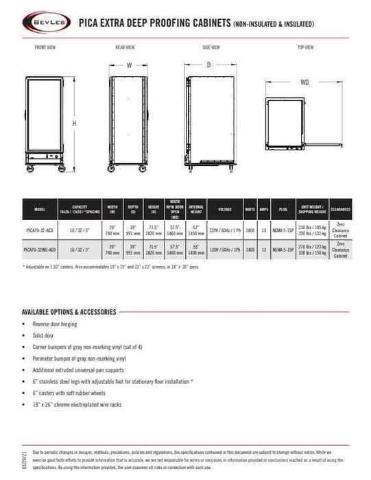 Bevles Model: PICA70-32INS-AED-1R1 (Insulated) Extra Deep (115V) Single Door Right Hand Hinged Proofing Cabinet