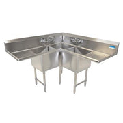 BK Resources Stainless Steel 3 Compartment Corner Sink w/ Dual 18" Drainboards – 18"L x 18"W x 14"D Bowls - Donut-Equipment.com