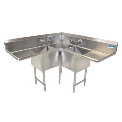 BK Resources Stainless Steel 3 Compartment Corner Sink w/ Dual 18" Drainboards – 18"L x 18"W x 14"D Bowls - Donut-Equipment.com