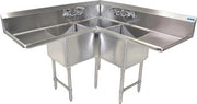 BK Resources Stainless Steel 3 Compartment Corner Sink w/ Dual 24" Drainboards – 24"L x 24"W x 14"D Bowls - Donut-Equipment.com