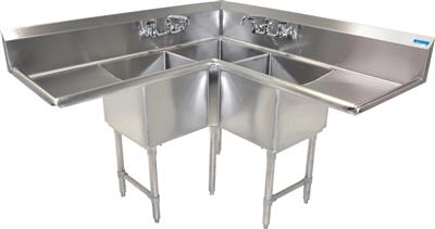 BK Resources Stainless Steel 3 Compartment Corner Sink w/ Dual 24" Drainboards – 24"L x 24"W x 14"D Bowls - Donut-Equipment.com