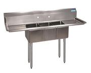 BK Resources Stainless Steel 3 Compartment Convenience Store Sink w/ Dual 12" Drainboards – 14"L x 10"W x 10"D Bowls - Donut-Equipment.com