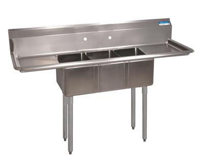 BK Resources Stainless Steel 3 Compartment Convenience Store Sink w/ Dual 12" Drainboards – 14"L x 10"W x 10"D Bowls - Donut-Equipment.com