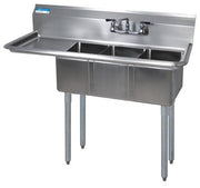 BK Resources Stainless Steel 3 Compartment Convenience Store Sink w/ 15" Left Drainboard – 14"L x 10"W x 10"D Bowls - Donut-Equipment.com