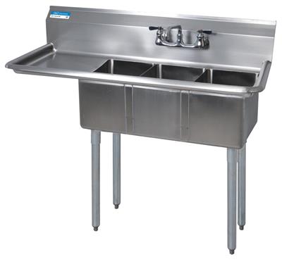 BK Resources Stainless Steel 3 Compartment Convenience Store Sink w/ 15" Left Drainboard – 14"L x 10"W x 10"D Bowls - Donut-Equipment.com