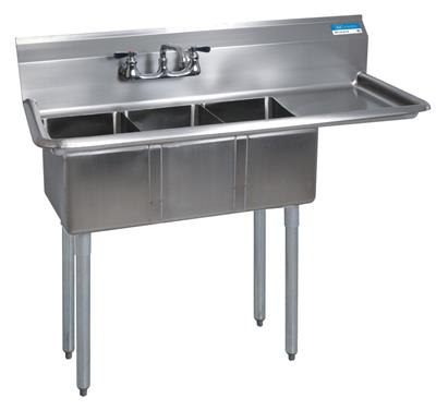 BK Resources Stainless Steel 3 Compartment Convenience Store Sink w/ 15" Right Drainboard – 14"L x 10"W x 10"D Bowls - Donut-Equipment.com