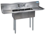 BK Resources Stainless Steel 3 Compartment Convenience Store Sink w/ Dual 15" Drainboards – 14"L x 10"W x 10"D Bowls - Donut-Equipment.com