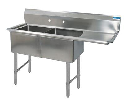 BK Resources Stainless Steel 2 Compartment Sink w/ 10" Riser & Right Drainboard – 20"L x 16"W x 14"D Bowls - Donut-Equipment.com