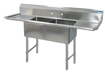 BK Resources Stainless Steel 2 Compartment Sink w/ 10" Riser & Dual Drainboards – 20"L x 16"W x 14"D Bowls - Donut-Equipment.com
