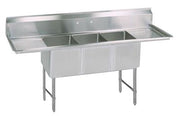 BK Resources Stainless Steel 3 Compartment Sink w/ 10" Riser & Dual Drainboards – 20"L x 16"W x 14"D Bowls - Donut-Equipment.com