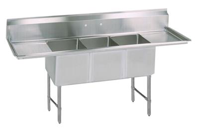 BK Resources Stainless Steel 3 Compartment Sink w/ 10" Riser & Dual Drainboards – 20"L x 16"W x 14"D Bowls - Donut-Equipment.com