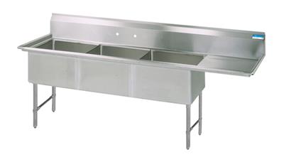 BK Resources Stainless Steel 3 Compartment Sink w/ 10" Riser & Right Drainboard – 18"L x 18"W x 14"D Bowls - Donut-Equipment.com