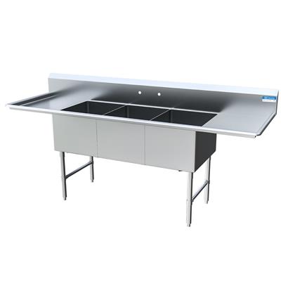 BK Resources Stainless Steel 3 Compartment Sink w/ 10" Riser & Drainboards – 24"L x 18"W x 14"D Bowls - Donut-Equipment.com