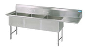 BK Resources Stainless Steel 3 Compartment Sink w/ 10" Riser & Right Drainboard – 24"L x 24"W x 14"D Bowls - Donut-Equipment.com