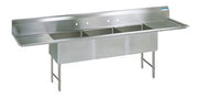BK Resources Stainless Steel 3 Compartment Sink w/ 10" Riser & Drainboards – 24"L x 24"W x 14"D Bowls - Donut-Equipment.com