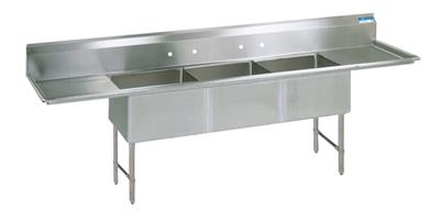 BK Resources Stainless Steel 3 Compartment Sink w/ 10" Riser & Drainboards – 24"L x 24"W x 14"D Bowls - Donut-Equipment.com
