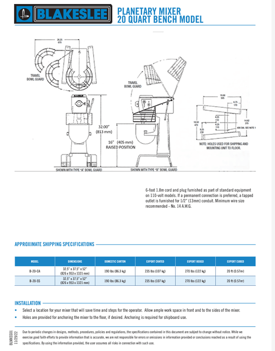 20 Quart Blakeslee Food MIxer Bench Model B-20-CA