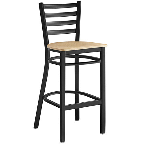 Omcan Bar Height Metal Ladder Back Chair with Natural Wood Seat – Commercial Restaurant Bar Chair with Steel Frame and Solid Wood Seat Design - Donut-Equipment.com
