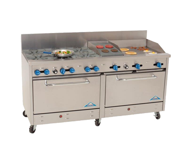 Comstock-Castle 2F330-18-1.5RB 72" Gas Restaurant Range, 6 Open Burners, 18" Griddle, 18" Radiant Broiler, 2 Standard Ovens, Stainless Steel Front, 298,000 BTU - Donut-Equipment.com