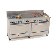 Comstock-Castle 2F330-18-2.5RB 72" Gas Restaurant Range, 4 Open Burners, 18" Griddle, 30" Radiant Broiler, 2 Standard Ovens, Stainless Steel Front, 246,000 BTU - Donut-Equipment.com