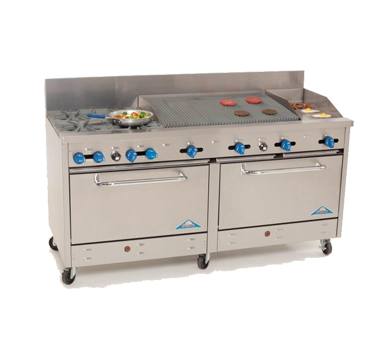 Comstock-Castle 2F330-18-2.5RB 72" Gas Restaurant Range, 4 Open Burners, 18" Griddle, 30" Radiant Broiler, 2 Standard Ovens, Stainless Steel Front, 246,000 BTU - Donut-Equipment.com
