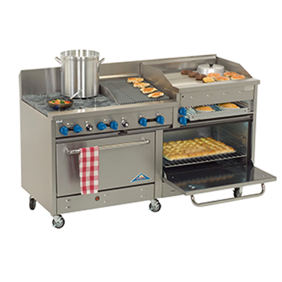 Comstock-Castle 2F330-2.5RB-30B 72" Gas Restaurant Range, 2 Open Burners, 30" Radiant Broiler, 30" Charbroiler, 2 Standard Ovens, Stainless Steel Front, 238,000 BTU - Donut-Equipment.com