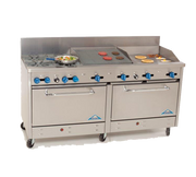 Comstock-Castle 2F330-24-2RB 72" Gas Restaurant Range, 4 Open Burners, 24" Griddle, 24" Radiant Broiler, 2 Standard Ovens, Stainless Steel Front, 246,000 BTU - Donut-Equipment.com