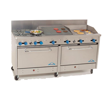 Comstock-Castle 2F330-24-2RB 72" Gas Restaurant Range, 4 Open Burners, 24" Griddle, 24" Radiant Broiler, 2 Standard Ovens, Stainless Steel Front, 246,000 BTU - Donut-Equipment.com