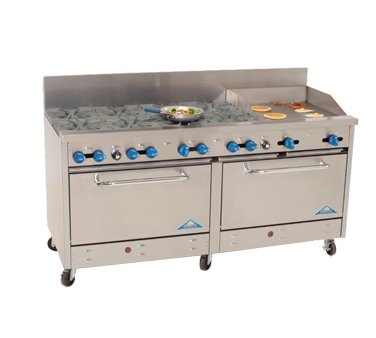 Comstock-Castle 2F330-24 72" Gas Restaurant Range, 8 Open Burners, 24" Griddle, 2 Standard Ovens, Stainless Steel Front, 316,000 BTU - Donut-Equipment.com