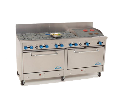 Comstock-Castle 2F330-2RB 72" Gas Restaurant Range, 8 Open Burners, 24" Radiant Broiler, 2 Standard Ovens, Stainless Steel Front, 302,000 BTU - Donut-Equipment.com