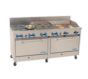Comstock-Castle 2F330-30-1.5RB 72" Gas Restaurant Range, 4 Open Burners, 30" Griddle, 18" Radiant Broiler, 2 Standard Ovens, Stainless Steel Front, 268,000 BTU - Donut-Equipment.com