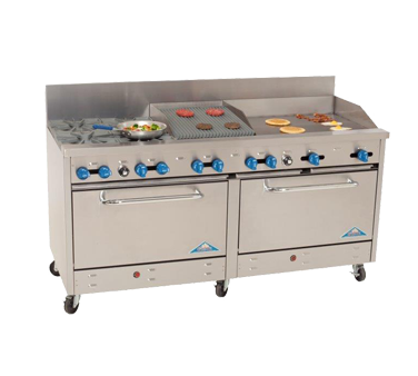 Comstock-Castle 2F330-30-1.5RB 72" Gas Restaurant Range, 4 Open Burners, 30" Griddle, 18" Radiant Broiler, 2 Standard Ovens, Stainless Steel Front, 268,000 BTU - Donut-Equipment.com