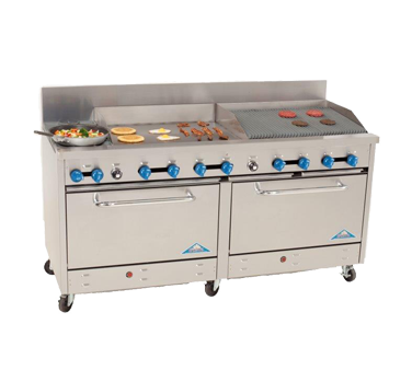 Comstock-Castle 2F330-30-2.5RB 72" Gas Restaurant Range, 2 Open Burners, 30" Griddle, 30" Radiant Broiler, 2 Standard Ovens, Stainless Steel Front, 246,000 BTU - Donut-Equipment.com
