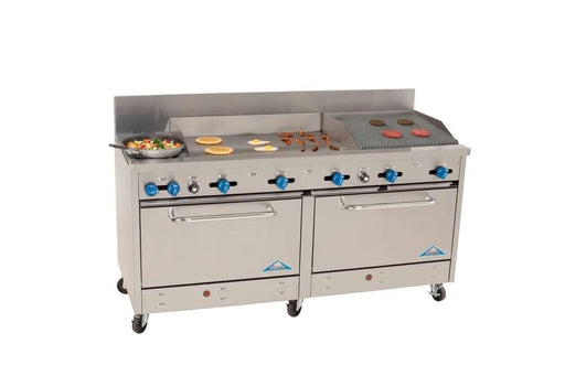 Comstock-Castle 2F330-36-2RB 72" Gas Restaurant Range, 2 Open Burners, 36" Griddle, 24" Radiant Broiler, 2 Standard Ovens, Stainless Steel Front, 246,000 BTU - Donut-Equipment.com