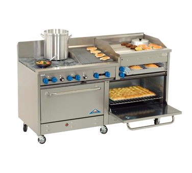 Comstock-Castle 2F330-36B 72" Gas Restaurant Range, 6 Open Burners, 36" Charbroiler, 2 Standard Ovens, Stainless Steel Front, 264,000 BTU - Donut-Equipment.com