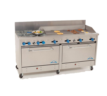 Comstock-Castle 2F330-6RB 72" Gas Restaurant Range, 4 Open Burners, 36" Radiant Broiler, 2 Standard Ovens, Stainless Steel Front, 185,000 BTU - Donut-Equipment.com