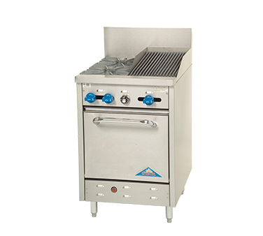 Comstock-Castle F318-1RB 24" Gas Restaurant Range, 2 Open Burners, 12" Radiant Broiler, Single Standard Oven, Stainless Steel Front, 98,000 BTU - Donut-Equipment.com