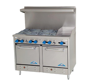 Comstock-Castle F3218-12 48" Gas Restaurant Range, 6 Open Burners, 12" Griddle, 2 Standard Ovens, Stainless Steel Front, 234,000 BTU - Donut-Equipment.com