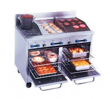 Comstock-Castle F3218-18-1.5RB 48" Gas Restaurant Range, 2 Open Burners, 18" Griddle, 18" Radiant Broiler, 2 Standard Ovens, Stainless Steel Front, 178,000 BTU - Donut-Equipment.com