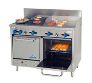Comstock-Castle F3218-24-1RB 48" Gas Restaurant Range, 2 Open Burners, 24" Griddle, 12" Radiant Broiler, 2 Standard Ovens, Stainless Steel Front, 163,000 BTU - Donut-Equipment.com