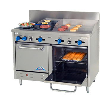 Comstock-Castle F3218-24-1RB 48" Gas Restaurant Range, 2 Open Burners, 24" Griddle, 12" Radiant Broiler, 2 Standard Ovens, Stainless Steel Front, 163,000 BTU - Donut-Equipment.com