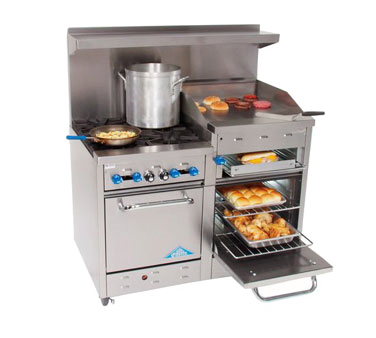 Comstock-Castle F3218-24B 48" Gas Restaurant Range, 4 Open Burners, 24" Charbroiler, 2 Standard Ovens, Stainless Steel Front, 204,000 BTU - Donut-Equipment.com